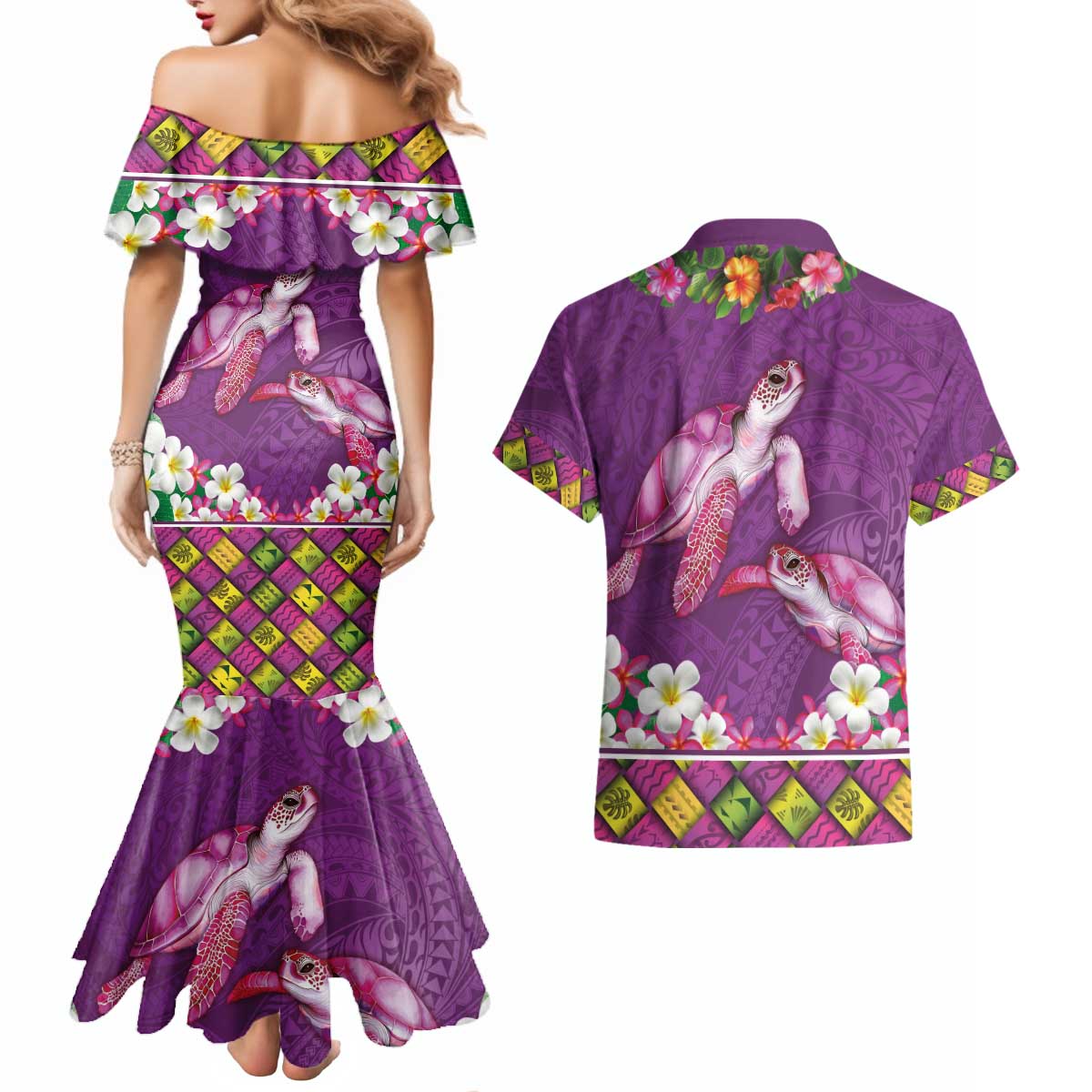 Hawaiian Lei Turtle and Plumeria Couples Matching Mermaid Dress and Hawaiian Shirt Polynerian Art Tattoo-Mauve Color LT03 - Polynesian Pride