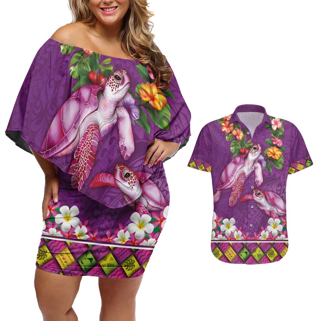 Hawaiian Lei Turtle and Plumeria Couples Matching Off Shoulder Short Dress and Hawaiian Shirt Polynerian Art Tattoo-Mauve Color LT03 Purple - Polynesian Pride