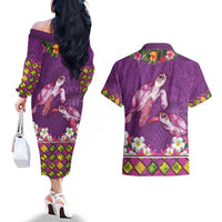 Hawaiian Lei Turtle and Plumeria Couples Matching Off The Shoulder Long Sleeve Dress and Hawaiian Shirt Polynerian Art Tattoo-Mauve Color LT03 - Polynesian Pride