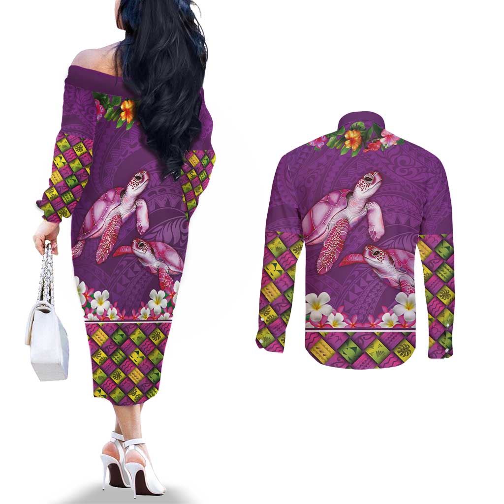 Hawaiian Lei Turtle and Plumeria Couples Matching Off The Shoulder Long Sleeve Dress and Long Sleeve Button Shirt Polynerian Art Tattoo-Mauve Color LT03 - Polynesian Pride