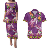 Hawaiian Lei Turtle and Plumeria Couples Matching Puletasi and Hawaiian Shirt Polynerian Art Tattoo-Mauve Color LT03 Purple - Polynesian Pride