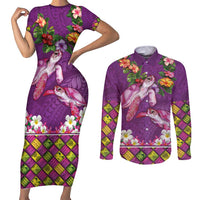 Hawaiian Lei Turtle and Plumeria Couples Matching Short Sleeve Bodycon Dress and Long Sleeve Button Shirt Polynerian Art Tattoo-Mauve Color LT03 Purple - Polynesian Pride