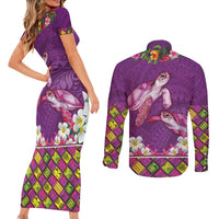 Hawaiian Lei Turtle and Plumeria Couples Matching Short Sleeve Bodycon Dress and Long Sleeve Button Shirt Polynerian Art Tattoo-Mauve Color LT03 - Polynesian Pride