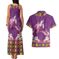 Hawaiian Lei Turtle and Plumeria Couples Matching Tank Maxi Dress and Hawaiian Shirt Polynerian Art Tattoo-Mauve Color LT03 - Polynesian Pride