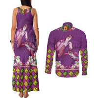 Hawaiian Lei Turtle and Plumeria Couples Matching Tank Maxi Dress and Long Sleeve Button Shirt Polynerian Art Tattoo-Mauve Color LT03 - Polynesian Pride