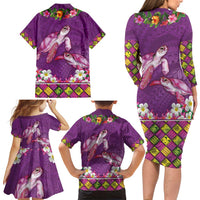 Hawaiian Lei Turtle and Plumeria Family Matching Long Sleeve Bodycon Dress and Hawaiian Shirt Polynerian Art Tattoo-Mauve Color LT03 - Polynesian Pride