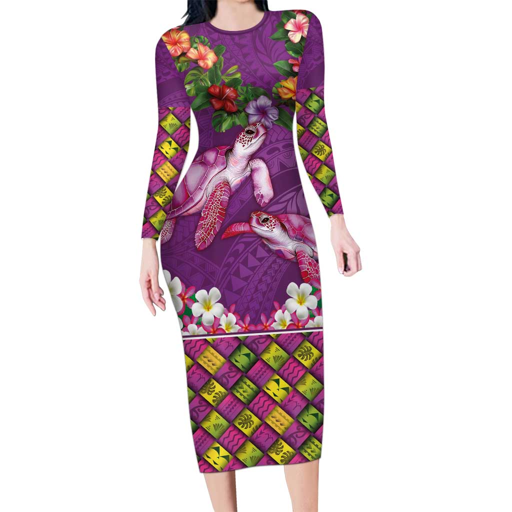 Hawaiian Lei Turtle and Plumeria Family Matching Long Sleeve Bodycon Dress and Hawaiian Shirt Polynerian Art Tattoo-Mauve Color LT03 Mom's Dress Purple - Polynesian Pride