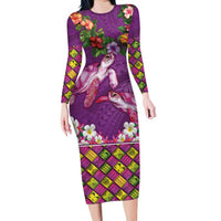 Hawaiian Lei Turtle and Plumeria Family Matching Long Sleeve Bodycon Dress and Hawaiian Shirt Polynerian Art Tattoo-Mauve Color LT03 Mom's Dress Purple - Polynesian Pride