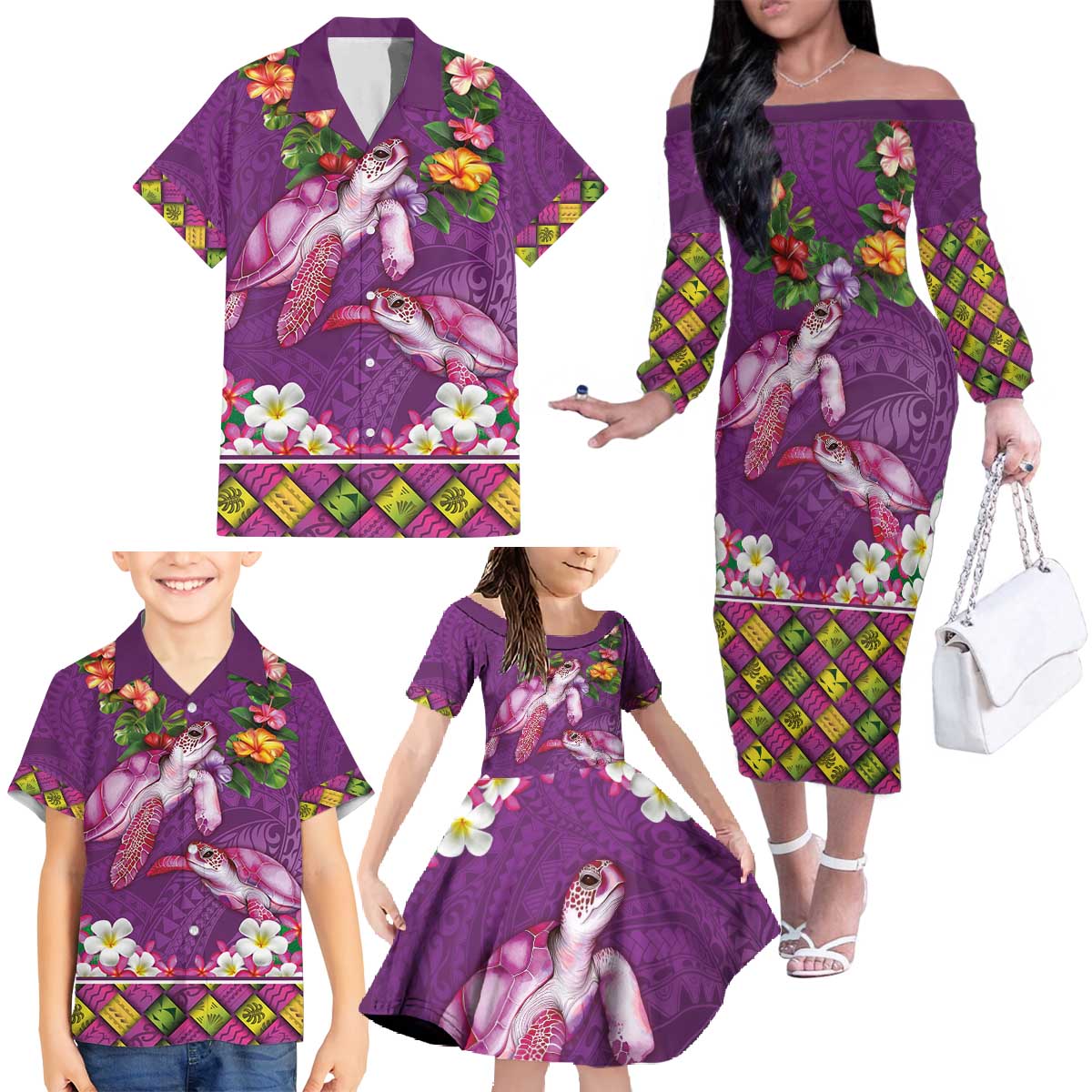 Hawaiian Lei Turtle and Plumeria Family Matching Off The Shoulder Long Sleeve Dress and Hawaiian Shirt Polynerian Art Tattoo-Mauve Color LT03 - Polynesian Pride