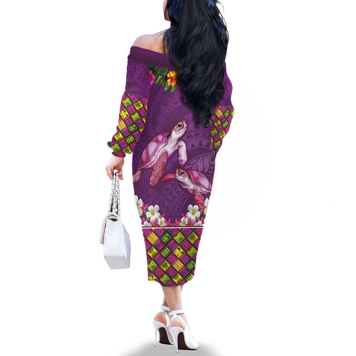 Hawaiian Lei Turtle and Plumeria Family Matching Off The Shoulder Long Sleeve Dress and Hawaiian Shirt Polynerian Art Tattoo-Mauve Color LT03 - Polynesian Pride