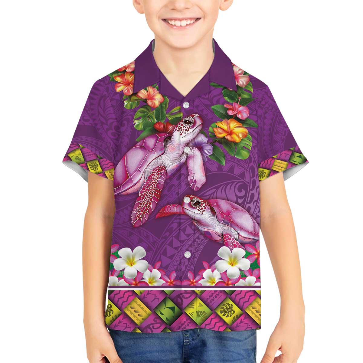 Hawaiian Lei Turtle and Plumeria Family Matching Off The Shoulder Long Sleeve Dress and Hawaiian Shirt Polynerian Art Tattoo-Mauve Color LT03 Son's Shirt Purple - Polynesian Pride