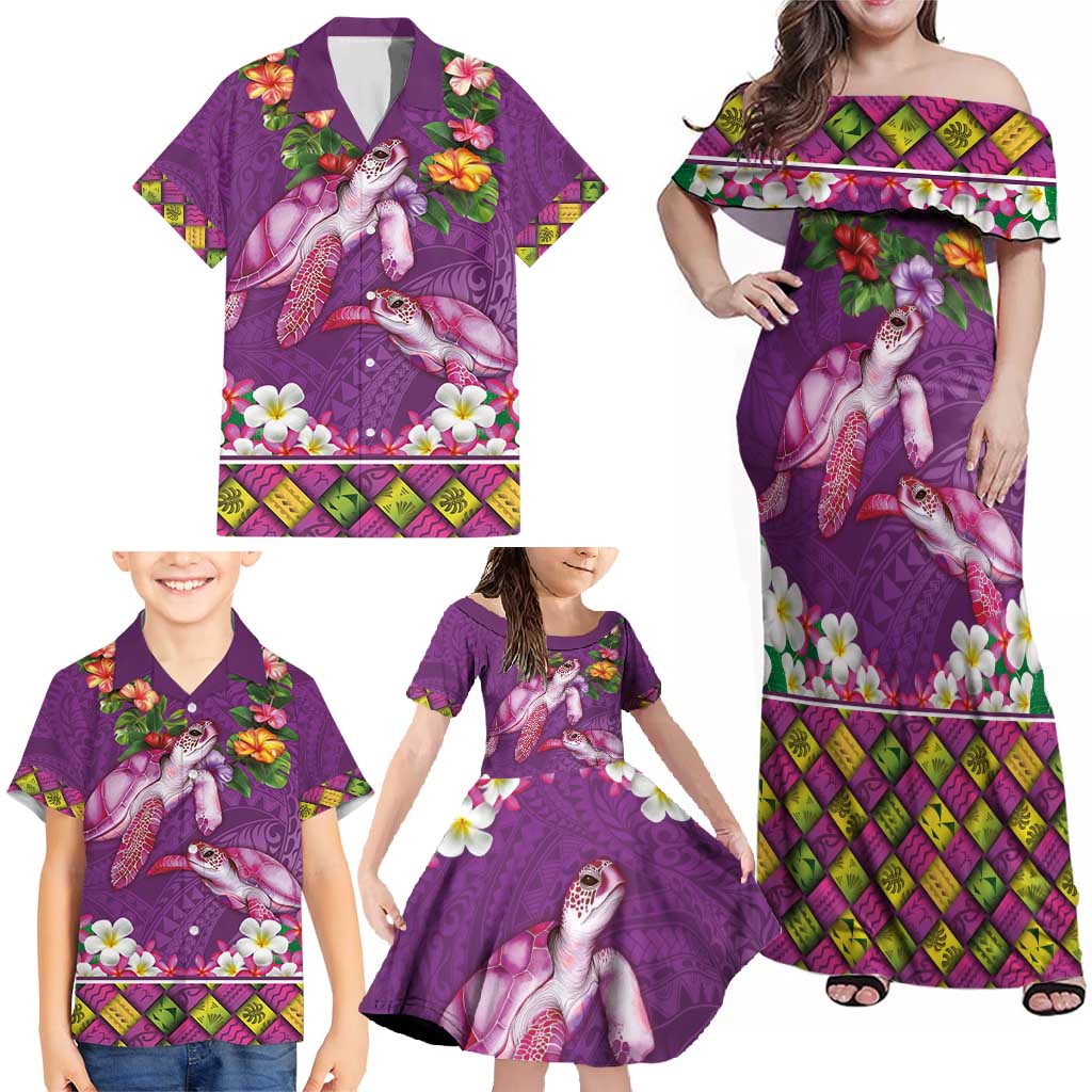 Hawaiian Lei Turtle and Plumeria Family Matching Off Shoulder Maxi Dress and Hawaiian Shirt Polynerian Art Tattoo-Mauve Color LT03 - Polynesian Pride