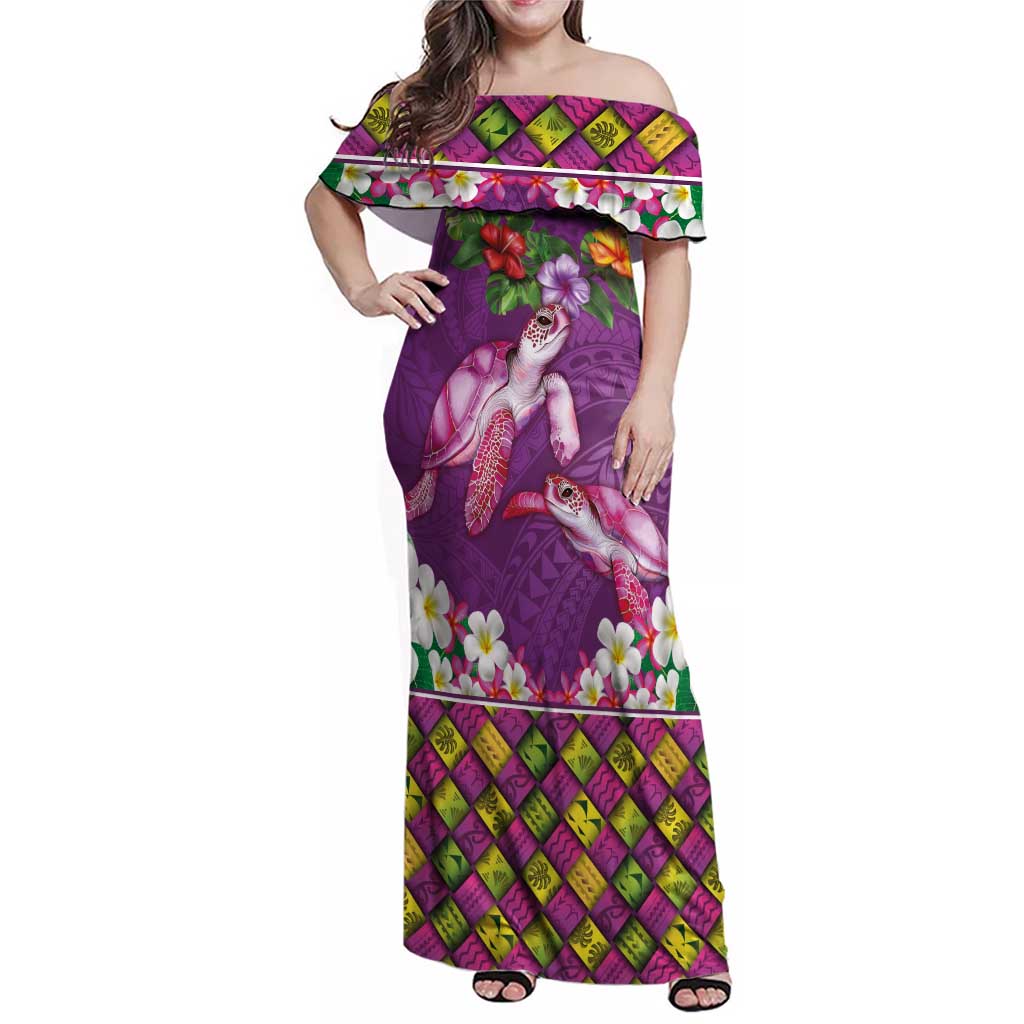 Hawaiian Lei Turtle and Plumeria Family Matching Off Shoulder Maxi Dress and Hawaiian Shirt Polynerian Art Tattoo-Mauve Color LT03 Mom's Dress Purple - Polynesian Pride