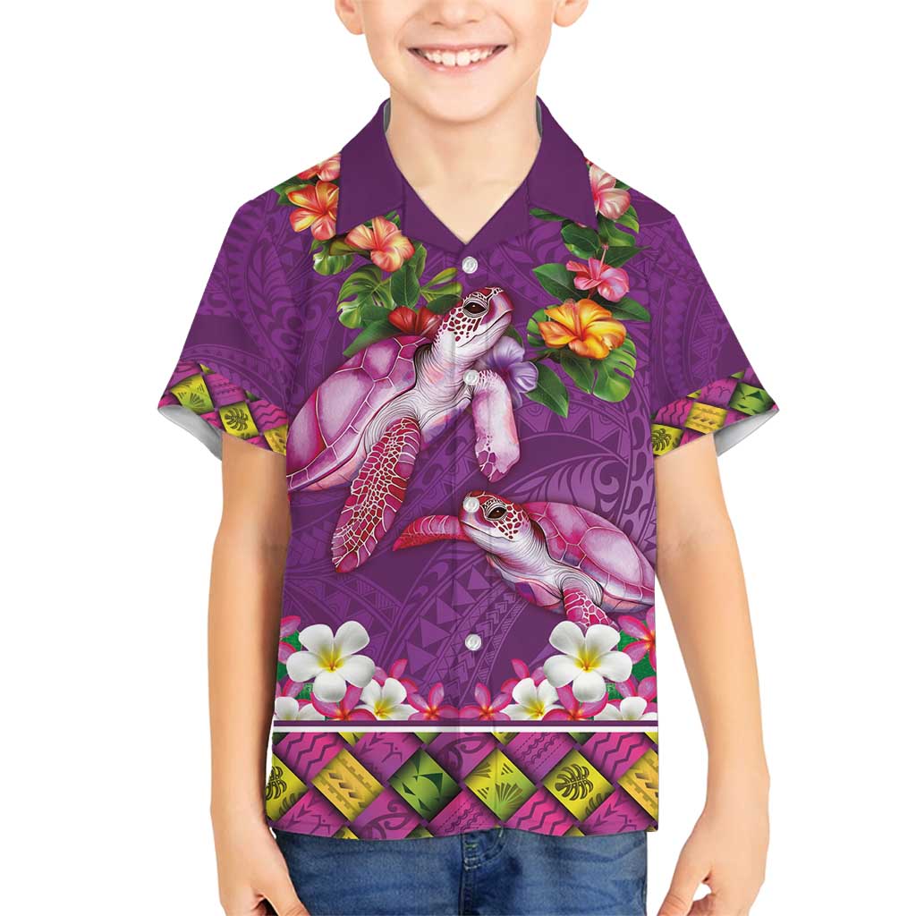 Hawaiian Lei Turtle and Plumeria Family Matching Off Shoulder Maxi Dress and Hawaiian Shirt Polynerian Art Tattoo-Mauve Color LT03 Son's Shirt Purple - Polynesian Pride