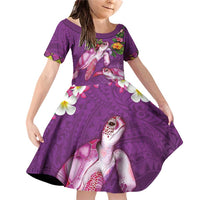 Hawaiian Lei Turtle and Plumeria Family Matching Off Shoulder Short Dress and Hawaiian Shirt Polynerian Art Tattoo-Mauve Color LT03 Daughter's Dress Purple - Polynesian Pride