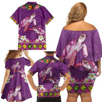 Hawaiian Lei Turtle and Plumeria Family Matching Off Shoulder Short Dress and Hawaiian Shirt Polynerian Art Tattoo-Mauve Color LT03 - Polynesian Pride