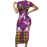Hawaiian Lei Turtle and Plumeria Family Matching Short Sleeve Bodycon Dress and Hawaiian Shirt Polynerian Art Tattoo-Mauve Color LT03 Mom's Dress Purple - Polynesian Pride