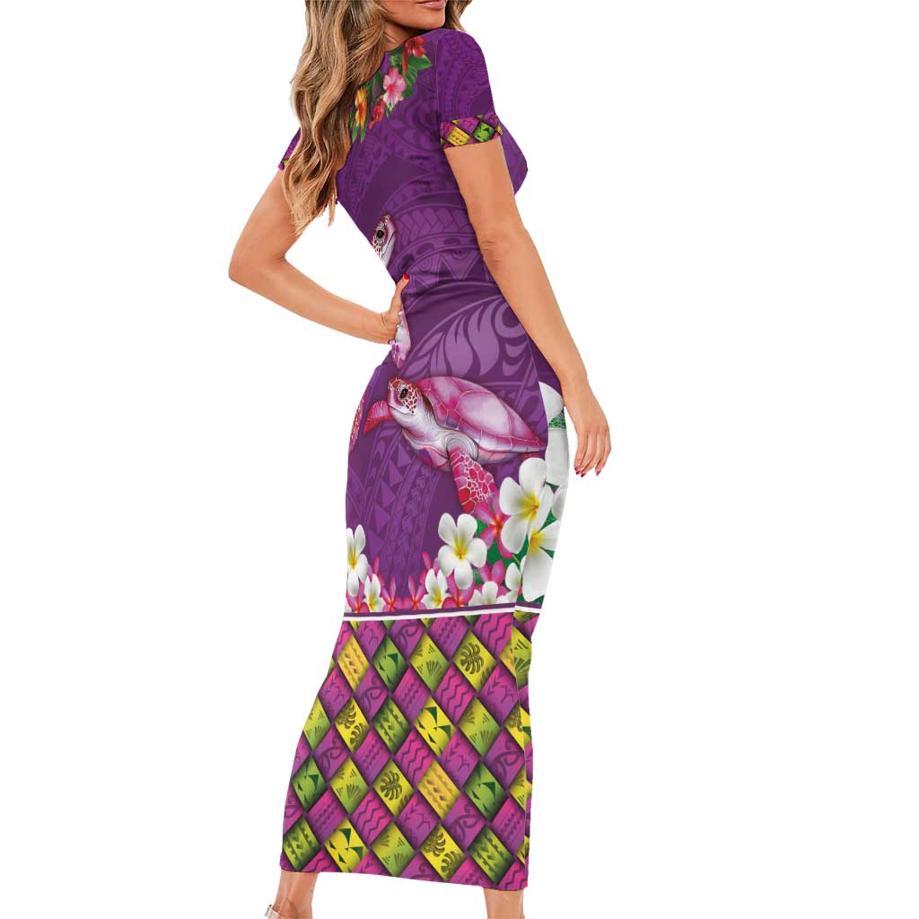 Hawaiian Lei Turtle and Plumeria Family Matching Short Sleeve Bodycon Dress and Hawaiian Shirt Polynerian Art Tattoo-Mauve Color LT03 - Polynesian Pride
