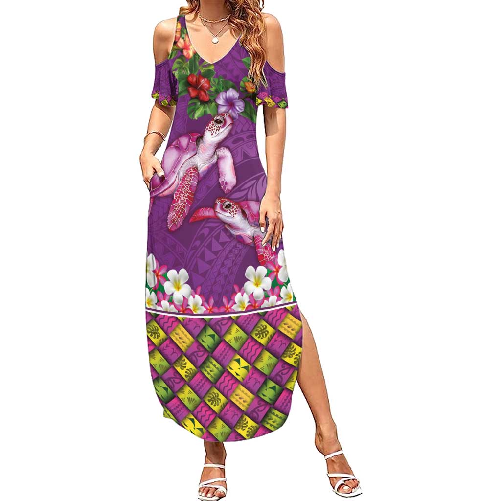 Hawaiian Lei Turtle and Plumeria Family Matching Summer Maxi Dress and Hawaiian Shirt Polynerian Art Tattoo-Mauve Color LT03 Mom's Dress Purple - Polynesian Pride