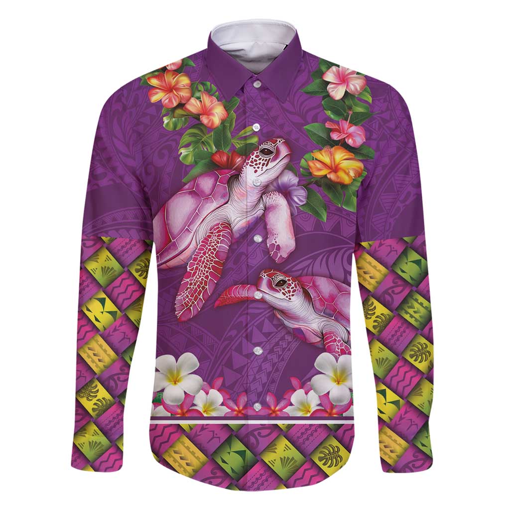 Hawaiian Lei Turtle and Plumeria Family Matching Tank Maxi Dress and Hawaiian Shirt Polynerian Art Tattoo-Mauve Color LT03 Dad's Shirt - Long Sleeve Purple - Polynesian Pride