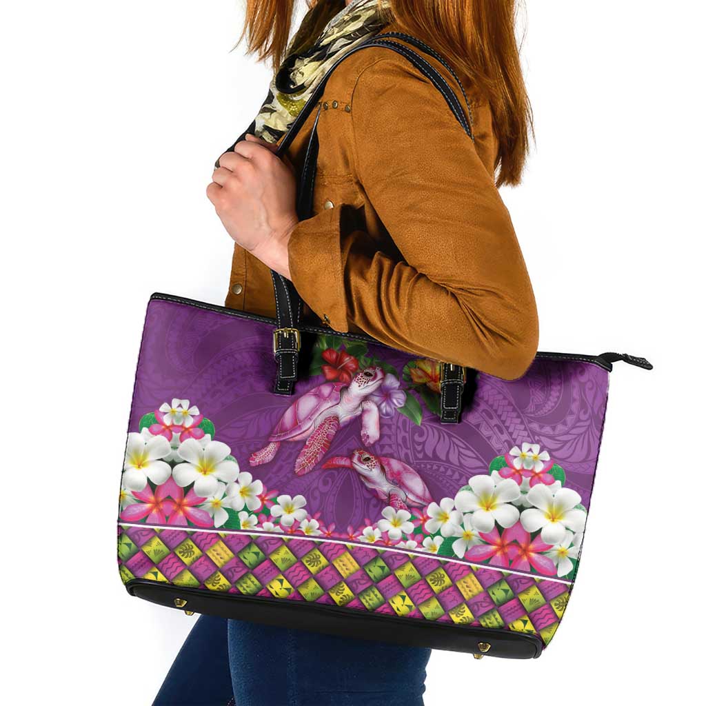 Hawaiian Lei Turtle and Plumeria Leather Tote Bag Polynerian Art Tattoo-Mauve Color LT03 Purple - Polynesian Pride