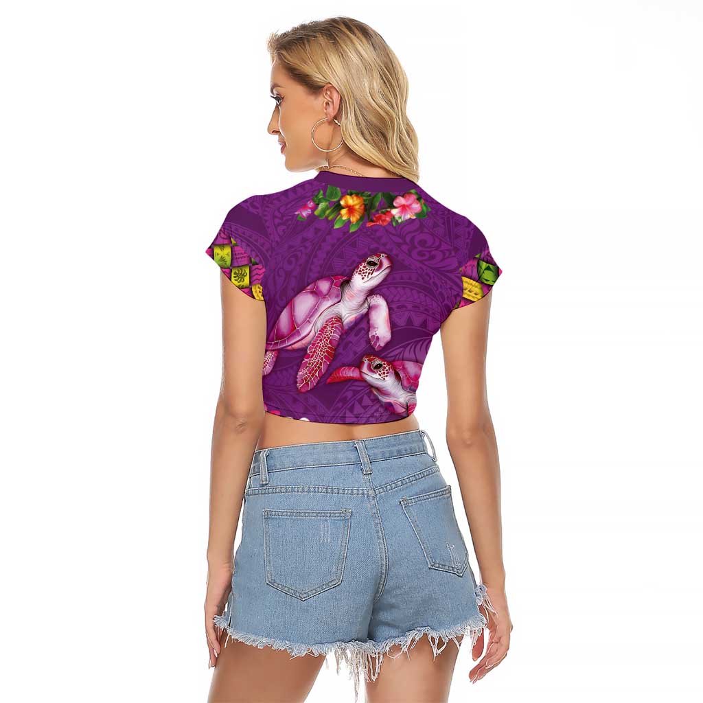 Hawaiian Lei Turtle and Plumeria Raglan Cropped T Shirt Polynerian Art Tattoo-Mauve Color