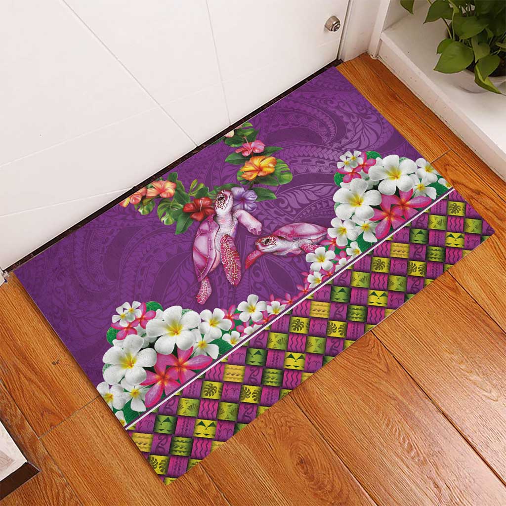 Hawaiian Lei Turtle and Plumeria Rubber Doormat Polynerian Art Tattoo-Mauve Color