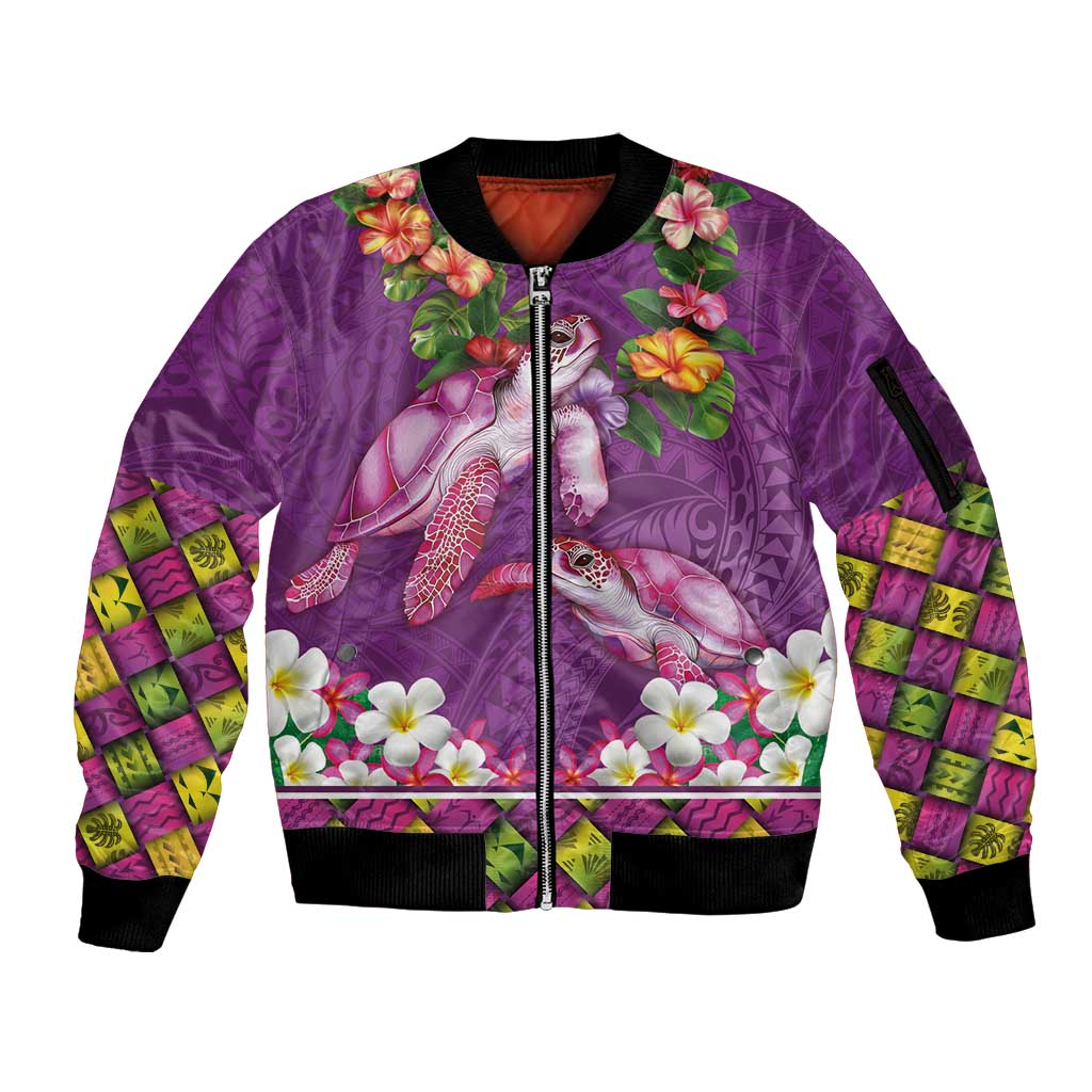 Hawaiian Lei Turtle and Plumeria Sleeve Zip Bomber Jacket Polynerian Art Tattoo-Mauve Color LT03 Unisex Purple - Polynesian Pride