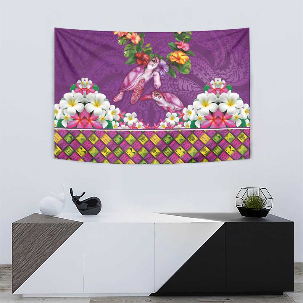 Hawaiian Lei Turtle and Plumeria Tapestry Polynerian Art Tattoo-Mauve Color