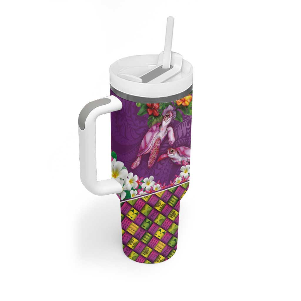 Hawaiian Lei Turtle and Plumeria Tumbler With Handle Polynerian Art Tattoo-Mauve Color