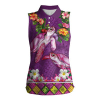 Hawaiian Lei Turtle and Plumeria Women Sleeveless Polo Shirt Polynerian Art Tattoo-Mauve Color LT03 Female Purple - Polynesian Pride