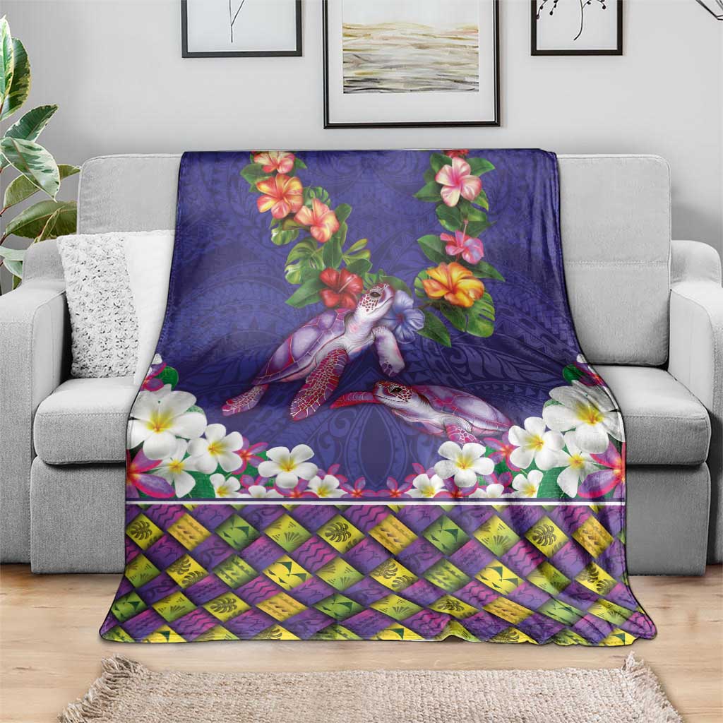 Hawaiian Lei Turtle and Plumeria Blanket Polynerian Art Tattoo-Navy Color