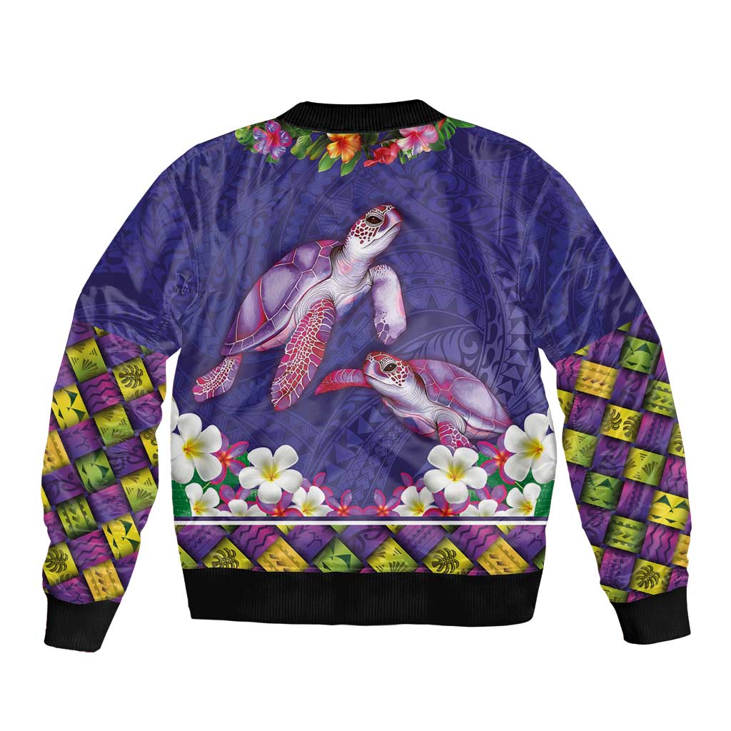 Hawaiian Lei Turtle and Plumeria Bomber Jacket Polynerian Art Tattoo-Navy Color