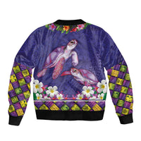 Hawaiian Lei Turtle and Plumeria Bomber Jacket Polynerian Art Tattoo-Navy Color