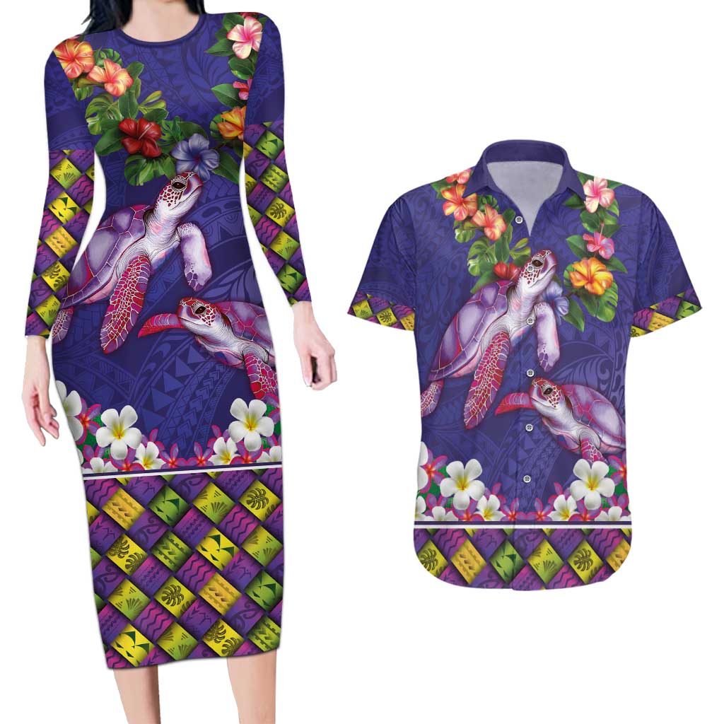 Hawaiian Lei Turtle and Plumeria Couples Matching Long Sleeve Bodycon Dress and Hawaiian Shirt Polynerian Art Tattoo-Navy Color LT03 Navy - Polynesian Pride
