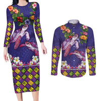 Hawaiian Lei Turtle and Plumeria Couples Matching Long Sleeve Bodycon Dress and Long Sleeve Button Shirt Polynerian Art Tattoo-Navy Color LT03 Navy - Polynesian Pride