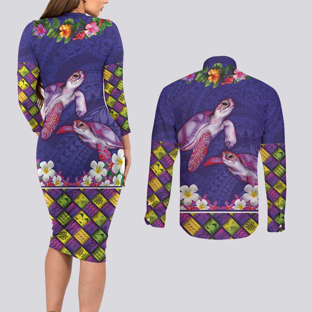Hawaiian Lei Turtle and Plumeria Couples Matching Long Sleeve Bodycon Dress and Long Sleeve Button Shirt Polynerian Art Tattoo-Navy Color LT03 - Polynesian Pride