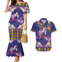 Hawaiian Lei Turtle and Plumeria Couples Matching Mermaid Dress and Hawaiian Shirt Polynerian Art Tattoo-Navy Color LT03 Navy - Polynesian Pride