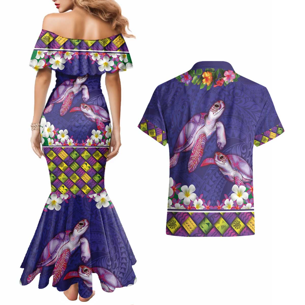 Hawaiian Lei Turtle and Plumeria Couples Matching Mermaid Dress and Hawaiian Shirt Polynerian Art Tattoo-Navy Color LT03 - Polynesian Pride