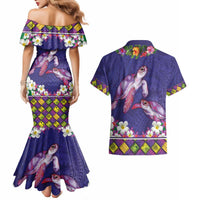 Hawaiian Lei Turtle and Plumeria Couples Matching Mermaid Dress and Hawaiian Shirt Polynerian Art Tattoo-Navy Color LT03 - Polynesian Pride