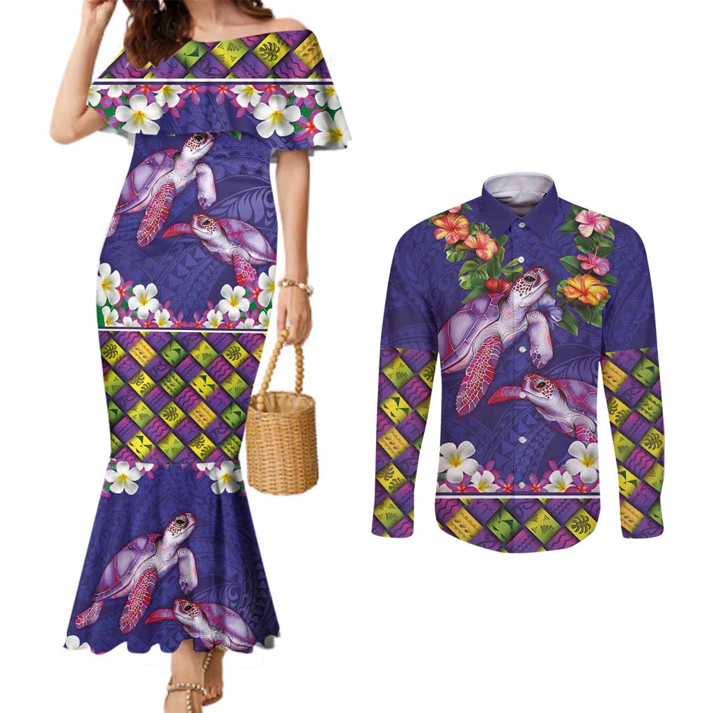 Hawaiian Lei Turtle and Plumeria Couples Matching Mermaid Dress and Long Sleeve Button Shirt Polynerian Art Tattoo-Navy Color
