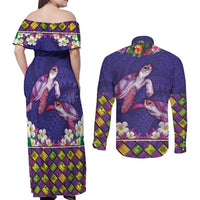 Hawaiian Lei Turtle and Plumeria Couples Matching Off Shoulder Maxi Dress and Long Sleeve Button Shirt Polynerian Art Tattoo-Navy Color