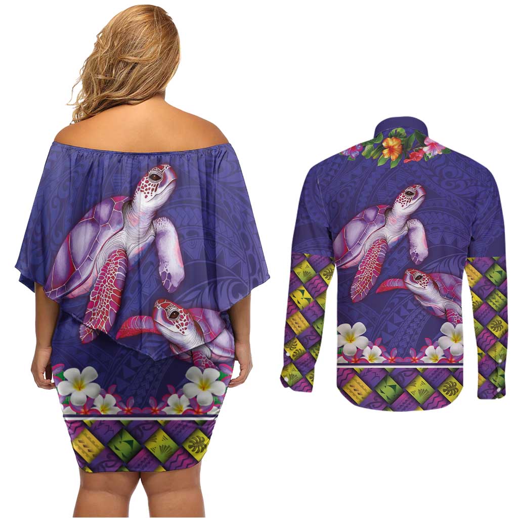 Hawaiian Lei Turtle and Plumeria Couples Matching Off Shoulder Short Dress and Long Sleeve Button Shirt Polynerian Art Tattoo-Navy Color