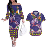 Hawaiian Lei Turtle and Plumeria Couples Matching Off The Shoulder Long Sleeve Dress and Hawaiian Shirt Polynerian Art Tattoo-Navy Color LT03 Navy - Polynesian Pride