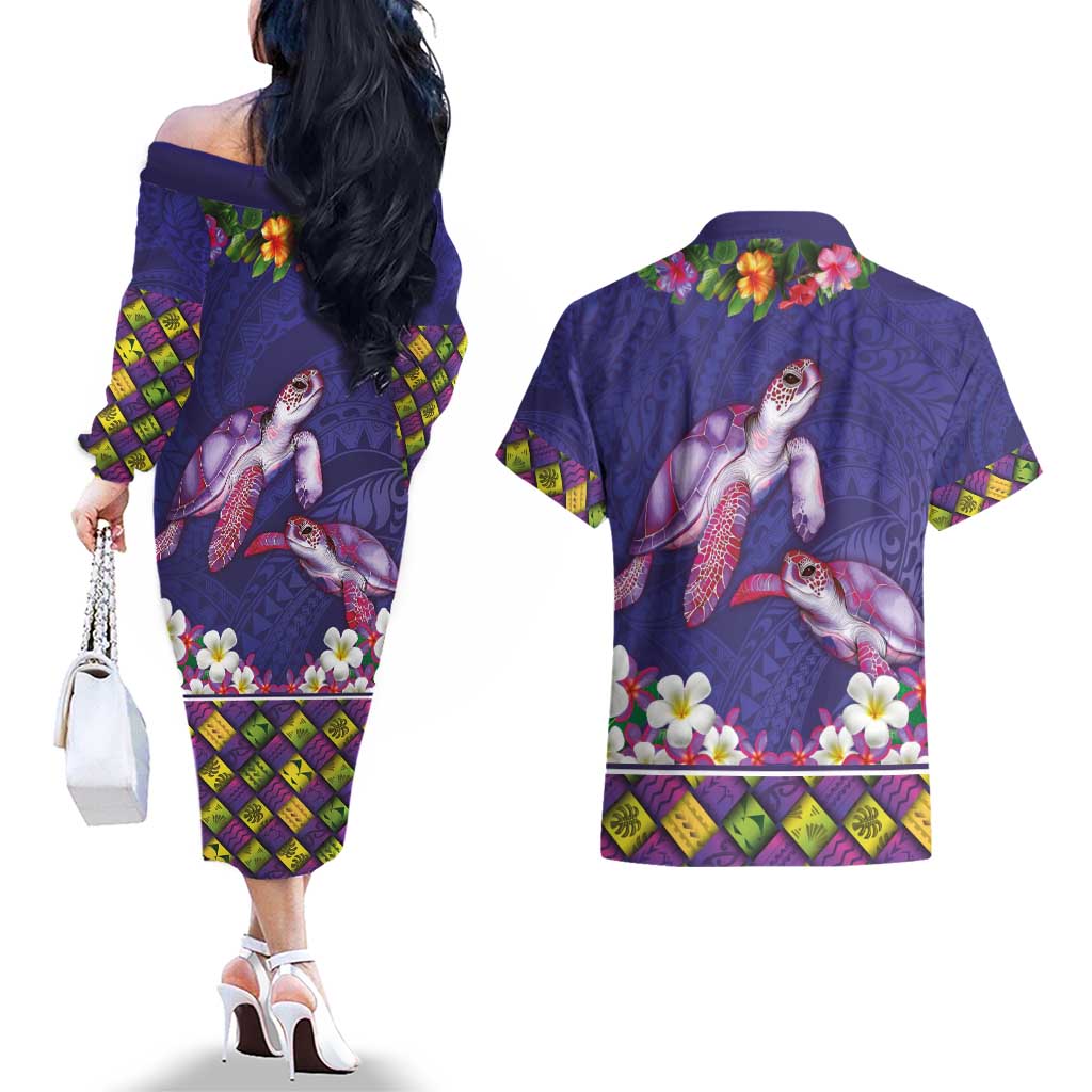 Hawaiian Lei Turtle and Plumeria Couples Matching Off The Shoulder Long Sleeve Dress and Hawaiian Shirt Polynerian Art Tattoo-Navy Color LT03 - Polynesian Pride