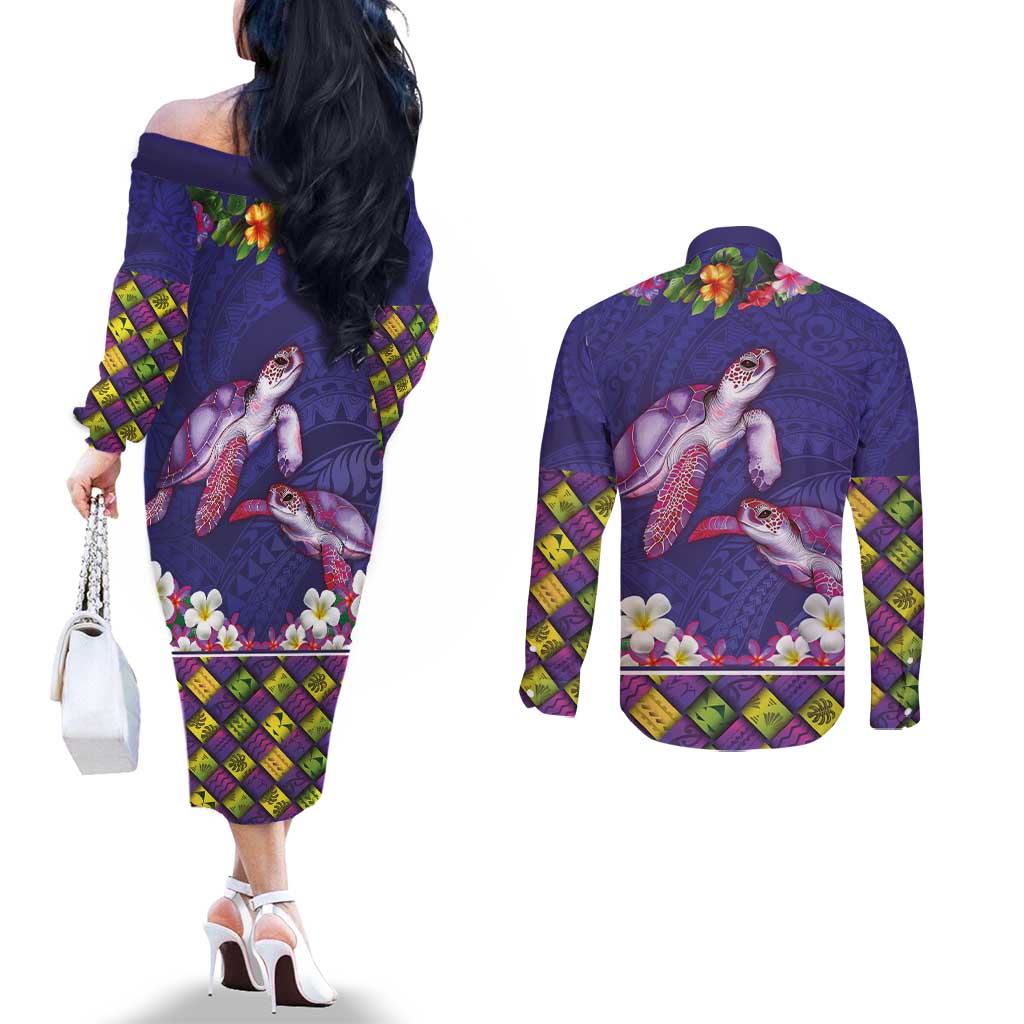 Hawaiian Lei Turtle and Plumeria Couples Matching Off The Shoulder Long Sleeve Dress and Long Sleeve Button Shirt Polynerian Art Tattoo-Navy Color LT03 - Polynesian Pride