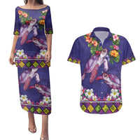 Hawaiian Lei Turtle and Plumeria Couples Matching Puletasi and Hawaiian Shirt Polynerian Art Tattoo-Navy Color