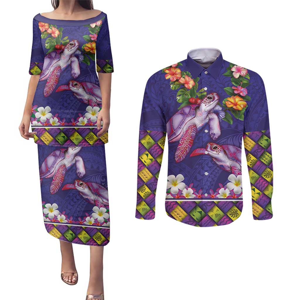 Hawaiian Lei Turtle and Plumeria Couples Matching Puletasi and Long Sleeve Button Shirt Polynerian Art Tattoo-Navy Color