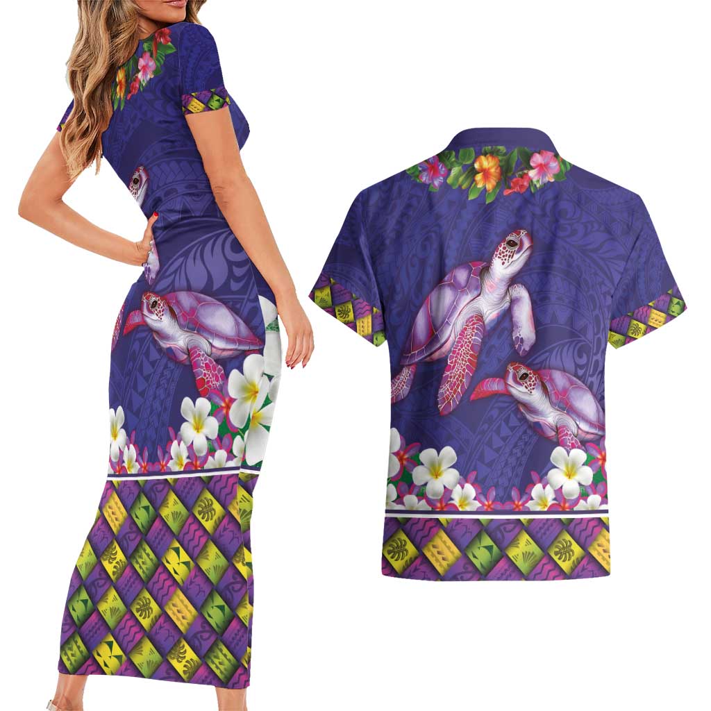 Hawaiian Lei Turtle and Plumeria Couples Matching Short Sleeve Bodycon Dress and Hawaiian Shirt Polynerian Art Tattoo-Navy Color LT03 - Polynesian Pride