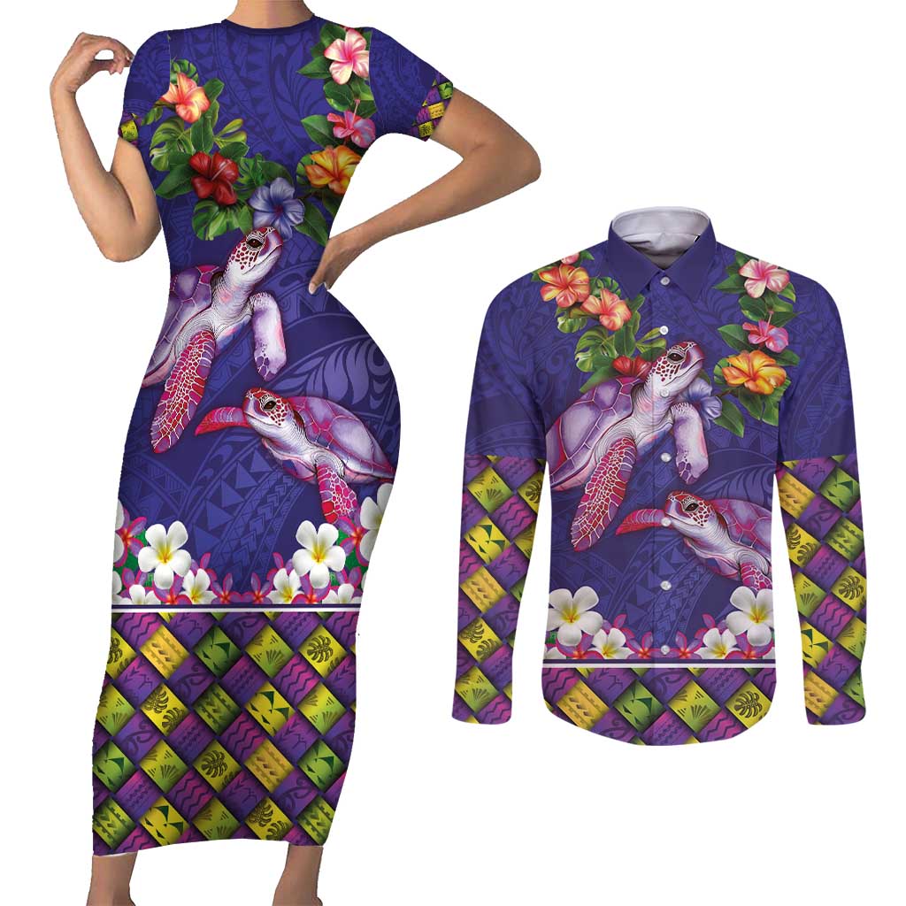 Hawaiian Lei Turtle and Plumeria Couples Matching Short Sleeve Bodycon Dress and Long Sleeve Button Shirt Polynerian Art Tattoo-Navy Color LT03 Navy - Polynesian Pride